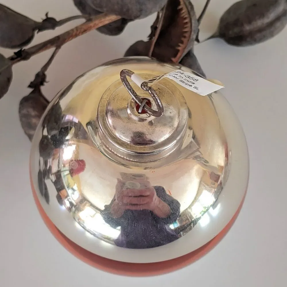 Crate&Barrel Orange And Silver Round Glass Christmas Ornament